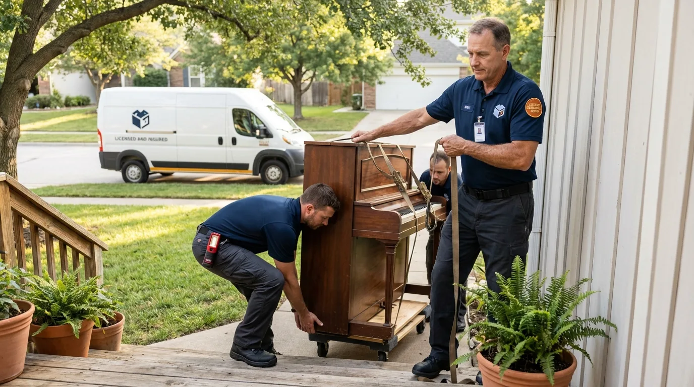 Licensed piano movers securing grand piano in Clinton, OH