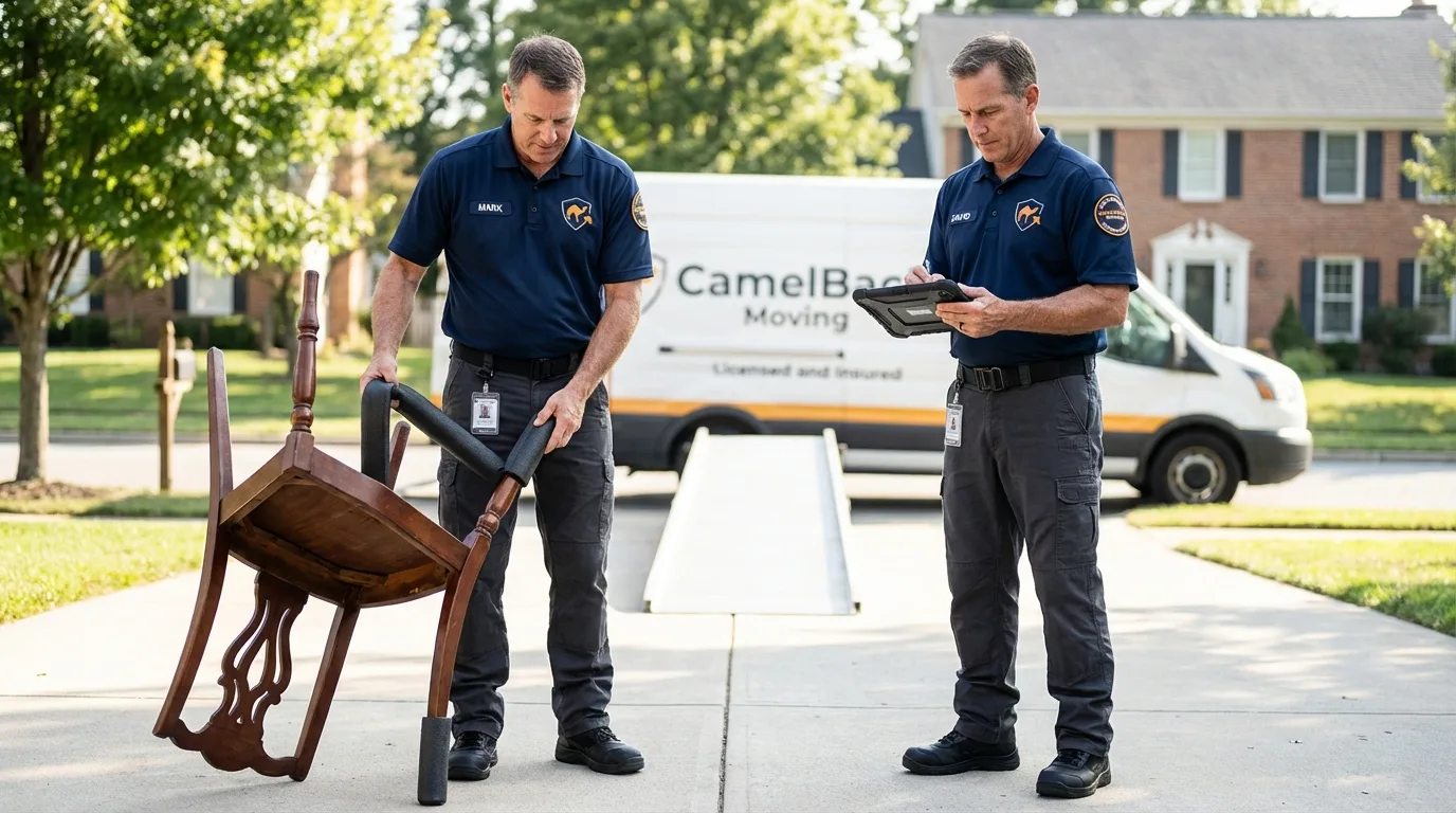 Movers inspecting furniture for damage prevention before loading in Clinton, OH